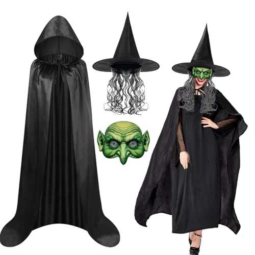 Landifor Halloween Hexenkostüm Damen Hexen Kostüm mit Hexenumhang Hexenhut Perücke Maske Halloween Hexen Erwachsene Cosplay Verkleidung Zubehör für Halloween Karneval Maskerade Hexen Themenparty von Landifor