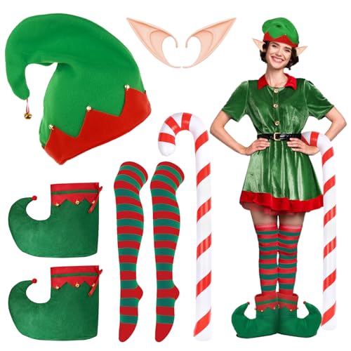 Landifor Weihnachtself Kostüm Erwachsene Elf Weihnachtskostüm mit Elfhut Elfohren Strümpfe Schuhe Zuckerstange Weihnachten Elfen Kostüm Herren Damen Wichtel Cosplay Zubeör für Weihnachtsparty von Landifor