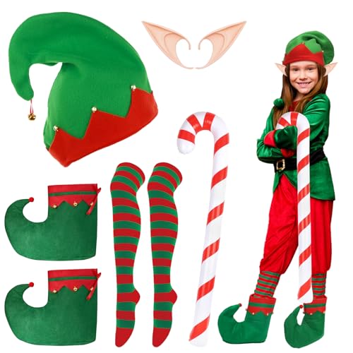 Landifor Weihnachtself Kostüm Mädchen Elf Weihnachtskostüm Kinder Wichtel Kinderkostüm mit Elfhut Elfohren Strümpfe Schuhe Zuckerstange Weihnachten Elfen Cosplay Kostüm Zubehör für Weihnachtsparty von Landifor