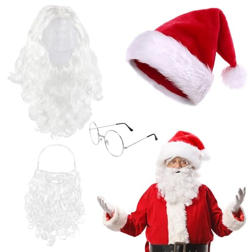 Landifor Weihnachtsmann Kostüm Erwachsene Weihnachtsmannkostüm mit Bart Perücke Mütze Brille Nikolauskostüm Santa Claus Cosplay Kleidung Zubehör für Weihnachten Heiligabend Weihnachtsparty von Landifor