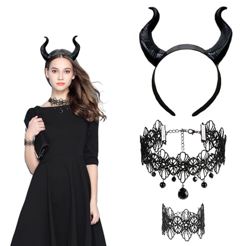 Landrain 3 PCS Halloween Kostüm Damen Dekoration, Teufelshörner Kopfbedeckung, Gothic Spitze Halskette, Armband von Landrain