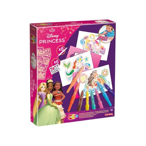 BLOPENS - Disney Princess Activity Set - Pustende Malstifte mit wiederverwendbaren Schablonen - 6 Schablonen zum Ausmalen - Inklusive 8 Blopens - Fördert die Kreativität von Kindern - Ab 5 Jahren von Lansay