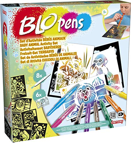 BLOPENS - Tierbabys Kreativset zum Zeichnen und Färben - Freizeit-Malset mit Pustestiften für Kinder ab 5 Jahren - 8 Stifte, 20 Schablonen & Zubehör - Kreatives Malen und Basteln - Lansay von Blopens