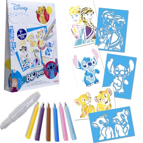 Lansay - BLOPENS Disney Heros - Kreativset für Kinder ab 5 Jahren - 6 Blopens-Farbstifte zum Pusten + 7 Wiederverwendbare Schablonen (Stitch oder Simba) - Bastelaktivität - Geschenkidee von Lansay