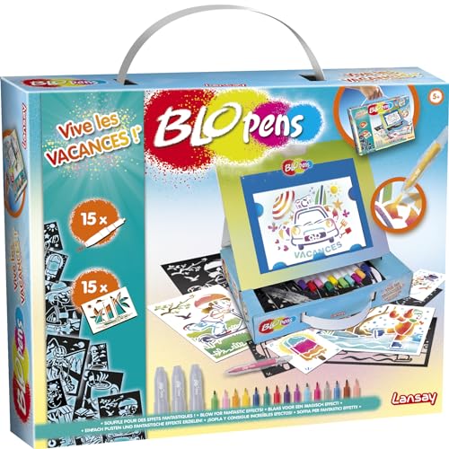 BLOPENS - Reisekoffer Hurra Ferien - Für Kinder ab 5 Jahren - Zeichen- und Malset mit Airbrush-Effekt - 15 Mini-Stifte, 15 Schablonen & 15 Zeichenblätter - Reiseformat - Lansay von Lansay