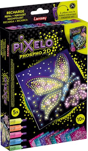 PIXELO - Pixelo Phospho 2D Nachfüllpackung - 10 neue 2D-Illustrationen zum Erstellen - Leuchtet im Dunkeln mit phosphoreszierendem Gel - Kreative Aktivität für Kinder - Kompatibel mit Pixelo von Lansay