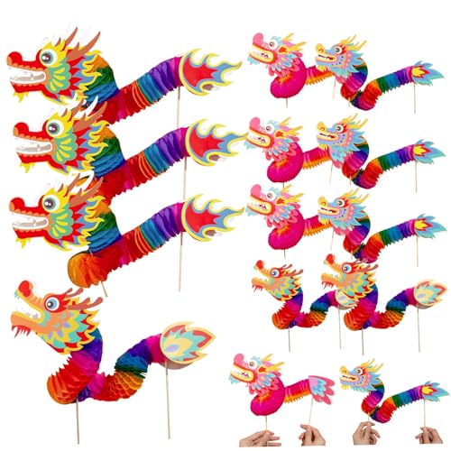 Beleuchtete Urlaubsausstellungen Chinesisches Neujahr Dragon 12pcs 4 Styles 3D Paper Dragon Puppet DIY Dehnbares Neujahrshandwerk für Kinder Spring Festival Party von Laqerjc