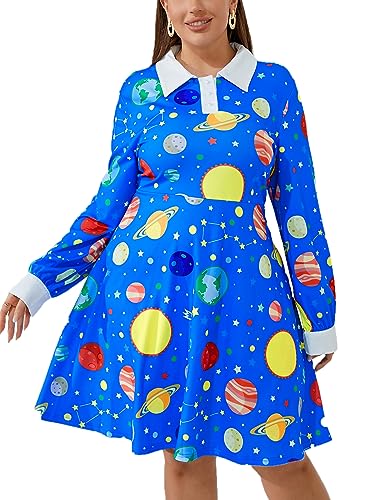 Laqeyko Frauen Plus Size Miss Frizzle Kleid Peter Pan Kragen Wissenschaft Lehrer Magie Schule Bus Kostüm Galaxie Weltraum Planet Halloween Kleid Blau LA246-1-2XL von Laqeyko