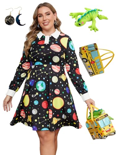 Laqeyko Langärmeliges Damenkleid mit Peter-Pan-Kragen, Passform und ausgestellter A-Linie, Skaterkleid, Halloween-Kleid, Black Planet Yellow Bus Plus Size, 4X-Large von Laqeyko