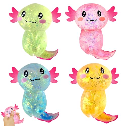 4 Stück Axolotl Spielzeug, Stressspielzeug Glitzer Axolotle Squeeze Toys,Squeeze -Spielzeug Tintenfisch Stressspielzeug Zoll Glitzer SqueezeToys für Kinder und Erwachsene Squeeze Ball für Party von Laralily