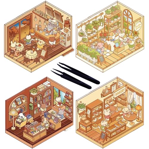 Laralily 4 Sets DIY 3D Sticker Scene + 2Pcs Tweezer, Fun DIY Stickers Scene, Machen Sie Ihren eigenen Blumenzimmer,3D Sticker Katzencafé, Cartoon Aufkleber Kinder Szenenaufkleber,Stressabbau von Laralily