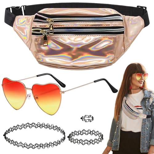 Laralily 90er Accessoires Damen 90er Outfit Damen 90er Jahre Accessoires 90er Jahre Accessoires Herzförmige Brille Metall-Hüfttasche Schlüsselbein-Halskette, für Karnevals-Rollenspiel-Kostümzubehör. von Laralily