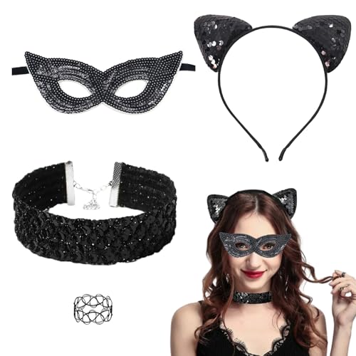 Laralily Katzenohren Haarreif 3 Stück, Katzenkostüm Zubehör Damen Katzenohren Haarreif Schwarz,Cat Ears Halloween Geeignet für Cosplay Karnevalspartys Halloween-Kostüme,Wird mit 1 Ring Geliefert von Laralily