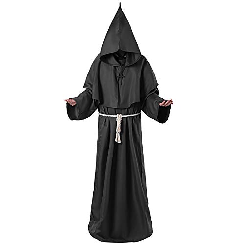 Larcele Halloween Mönch Kostüm, Mittelalterliche Mönch Kapuzen Robe für Cosplay Halloween Party Kostüm LSF-01 (Schwarz, XL) MEHRWEG von Larcele