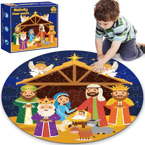 Krippen-Puzzles für Kinder im Alter von 4–8 Jahren, 70 Stück, große Weihnachtskrippe, pädagogische Kinderpuzzles für Kinder im Alter von 3–6 Jahren, für Kinder, Jungen, Mädchen von Larchio