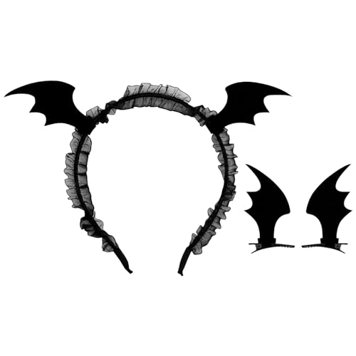 1 Fledermausflügel Stirnband+1 Paar Halloween-Fledermaus-Haarspangen,Cosplay Zubehör,Damen Halloween Kostüme Fledermaus Haarschmuck,Halloween Party Zubehör (Version mit Spitze in Schwarz) von Larfraecy