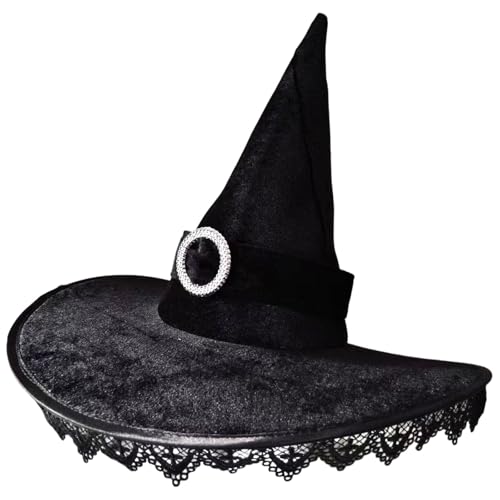 Halloween Hexenhut Erwachsene Schwarz Frauen Große Party Hüte mit Spitze Breite Krempe Spitzhut Fasching Karneval Zubehör Damen Hexe oder Zauberer Outfit (Kreisschnalle) von Larfraecy