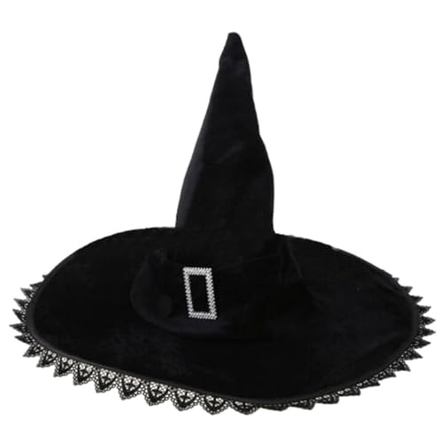 Halloween Hexenhut Erwachsene Schwarz Frauen Große Party Hüte mit Spitze Breite Krempe Spitzhut Fasching Karneval Zubehör Damen Hexe oder Zauberer Outfit (Quadratische Schnalle) von Larfraecy