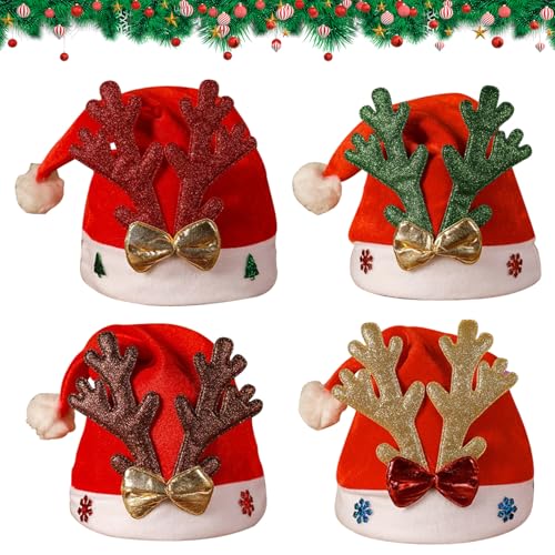 Larfraecy 4Pcs Weihnachtsmannmütze für Kinder, Weihnachtsmütze mit Geweih Neuheit Weihnachtsmannmütze für Mädchen, Jungen Weihnachten Party Hut Festliche Weihnachten Kostüm Zubehör, Neujahr(40cm) von Larfraecy