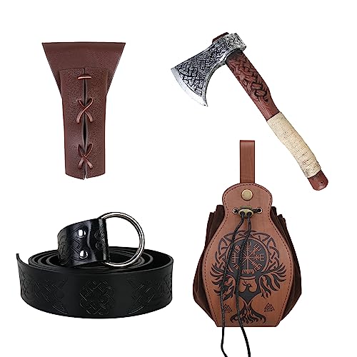 LarpGears Mittelalter Leder Wikinger Gürtel Tasche Schwert Scheide mit Schaumstoff Wikinger Axt Kostüm Set für Ren-Fest und LARP Event, Farbe A, Erwachsene Größe von LarpGears