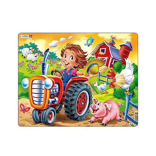 Larsen BM7 Rahmenpuzzle für Kinder I Traktor & Schwein im Wettrennen I Puzzle ab 3 Jahre I Schönes Kinderpuzzle mit 15 Teilen I Spiel, Spaß & Lernen von Larsen