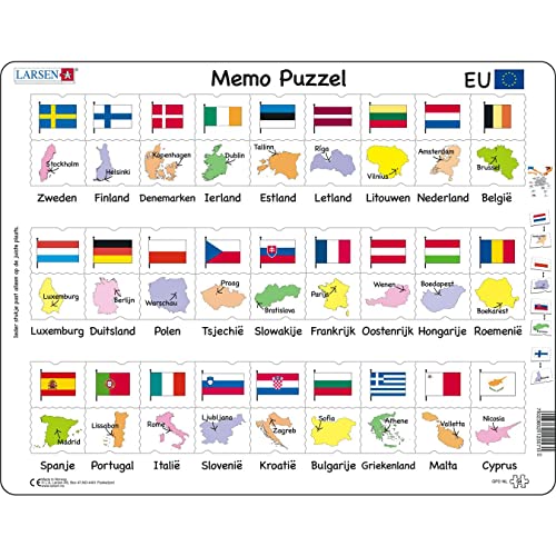 Larsen GP2 MemoPuzzle: Namen, Flaggen und Hauptstädte von 27 EU-Mitgliedsstaaten, Niederländisch Ausgabe, Rahmenpuzzle mit 54 Teilen von Larsen