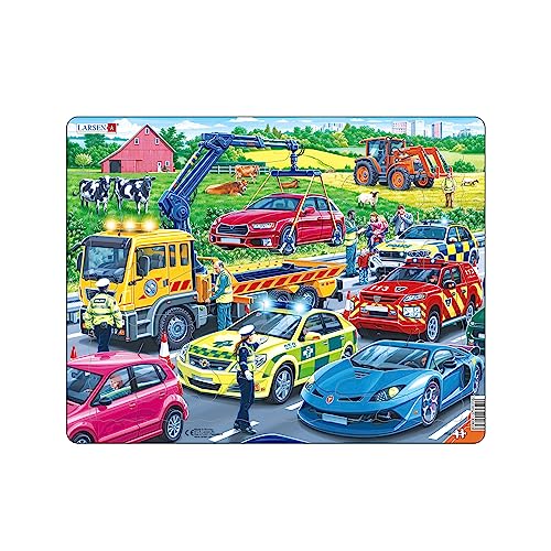 Larsen PG3 Rahmenpuzzle für Kinder I Rettungsfahrzeuge auf der Autobahn I Puzzle ab 3 Jahre I Schönes Kinderpuzzle mit 26 Teilen I Spiel, Spaß, Lernen von Larsen