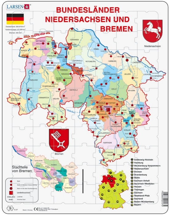 Larsen Rahmenpuzzle - Bundesland: Bremen and Niedersachen 70 Teile Puzzle Larsen-K27-DE von Larsen