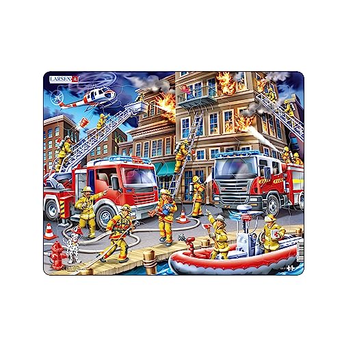 Larsen US21 Rahmenpuzzle für Kinder I Feuerwehrmänner im Einsatz I Puzzle ab 4 Jahre I Schönes Kinderpuzzle mit 45 Teilen I Spielen, Spaß & Lernen von Larsen