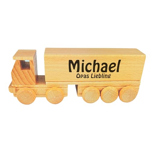 Holzspielzeug LKW Laster personalisiert mit Wunschgravur Name Text Baby Kind Geschenk Geburt Taufe Geburtstag Holzauto Sattel Pritsche von Lasernauten