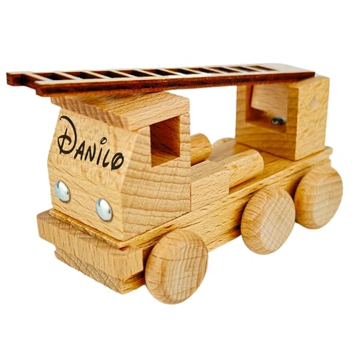 Lasernauten Holzspielzeug Feuerwehrauto personalisiert mit Wunschgravur Name Text Baby Kind Geschenk Geburt Taufe Geburtstag Holzauto Kinderzimmer von Lasernauten