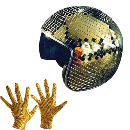 Laspi Discokugel-Helm Set, Disco-Kappe mit Einziehbarem Sonnenschutz und Disco-Handschuhe, Disco-Party-Helm-Hut Für DJ-Club, Bühne, Party, Hochzeit, Urlaub (Goldener Helm mit goldenen Handschuhen) von Laspi