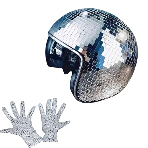 Laspi Discokugel-Helm Set, Disco-Kappe mit Einziehbarem Sonnenschutz und Disco-Handschuhe, Disco-Party-Helm-Hut Für DJ-Club, Bühne, Party, Hochzeit, Urlaub (Silberner Helm mit silbernen Handschuhen) von Laspi