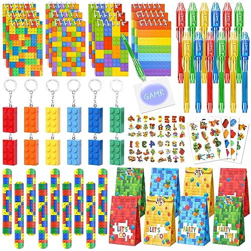 72Pcs Kindergeburtstag Mitgebsel Jungen Bausteine Party Geheimstift Zauberstift Mini Notizbuch Bauklötze Schnapparmband Schlüsselanhänger Tattoo Building Bricks Themen Regenbogen Party Geschenk von Latocos