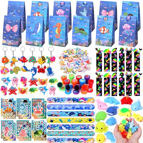 Latocos 148 Meerestiere Party Mitgebsel Kindergeburtstag Geschenk Tasche Lesezeichen Kratzbilder DIY Aufkleber Squishy Spielzeug Schlüsselanhänger Stempel Meerestier Spielzeug für Mädchen Jungen von Latocos