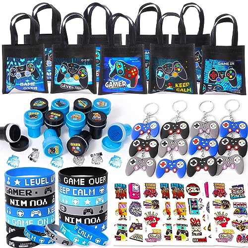 Latocos 60 Videospiel Party Mitgebsel Jungen Kindergeburstag Geschenk Tasche Videospiel Controller Schlüsselanhänger Silikonarmbänder Tattoo Stempel Video Gamer Spiel Gastgeschenke für Kinder Jungen von Latocos