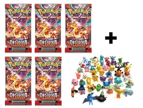 PKM Booster Packs Sammelkarten deutsch | + 3 Sammelfiguren (Obsidian Flammen, 5, Stück) von Laubner