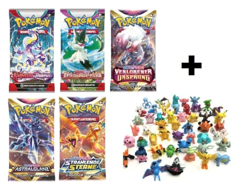 Pokemon Booster Packs Sammelkarten deutsch | + 3 Sammelfiguren (gemischt, 5, Stück) von Laubner