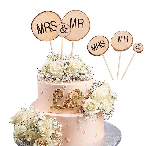 Laughhe 3 Stück Mr & Mrs Cake Toppers, Tortenaufsatz aus Holz Mr Mrs Holz Torten Topper Holz Tortentopper für Hochzeits- Oder Jubiläumstortendekoration von Laughhe