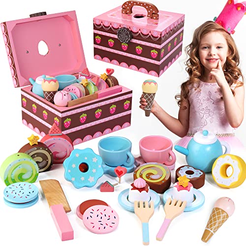 Teeservice Kinder Tee Set Holz mit Süßigkeitenkiste 30 TLG Tee Party Kinder Spielset Pudding Kuchen Keks Rollenspiele Geschenk für Jungen Mädchen ab 3 Jahre von Lawcephun