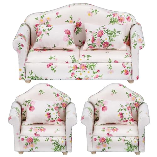 Dollhouse Couch, 3pcs/Set 1 12 Skala Dollhouse Möbel, Blumenmuster Doppel & Einzelcouch mit Kissen Sessel Sofa Wohnzimmer Möbel Holzzubehör Dollhouse Couch, 3pcs/Set 1 12 Skala Dollhouse Möbel, Blumenmuster Doppel & Einzelcouch mit Kissen Sessel Sofa Wohnzimmer Möbel Holzzubehör von Lawnrden