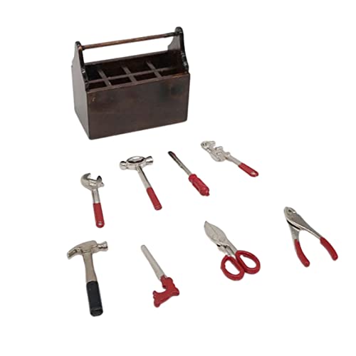 Lawnrden 1/12 Miniatur -Toolbox, Holz -Mini -Puppenhaus -Werkzeugbehälter mit 8 Metallwerkzeugen, Holzwerkzeugkastenmodell für Puppenhauszubehör von Lawnrden