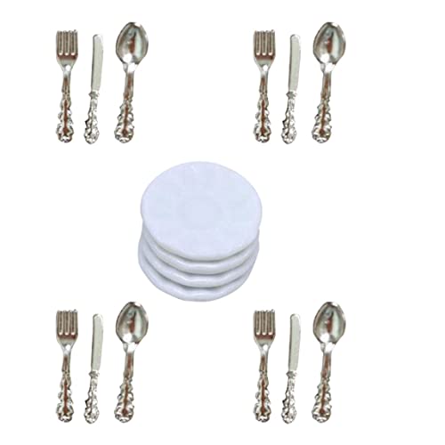 Lawnrden 1/12 Scale Dolls House Miniatur -Teller und Besteckset, Puppenhaus -Mini -Porzellanplatte mit Slicer Forks Spoons Dollhouse Accessoires - Silber von Lawnrden