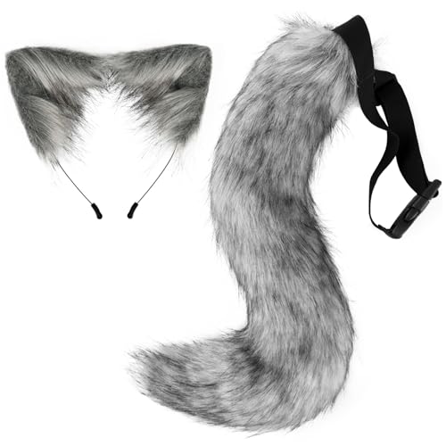 Lawnrden Fox Ohren und Schwanz, Kunstpelz Wolf Katze Waschbär Schwanzohren Stirnband, Cosplay -Kostümzubehör für Cosplay -Party, Masquerade/Dunkelgrau von Lawnrden