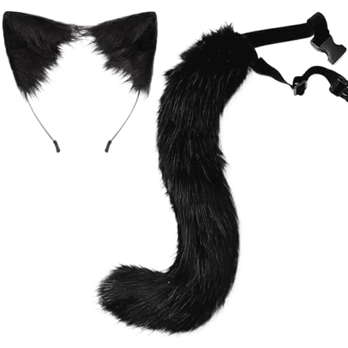 Lawnrden Fox Ohren und Schwanz, Kunstpelz Wolf Katze Waschbär Schwanzohren Stirnband, Cosplay -Kostümzubehör für Cosplay -Party, Masquerade/Schwarz von Lawnrden