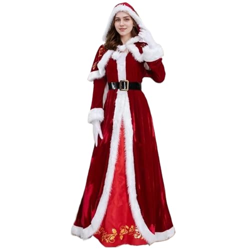 Lawnrden Frau Claus Kostüm, 4PCS Women Velvet Kleid mit Kapuze mit Kapuze Cape Gloves Belt für Cosplay -Party, Santa Claus Coutfits für die Weihnachtsfeier (XL) von Lawnrden