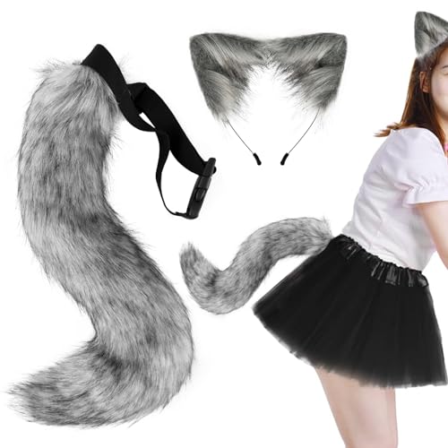 Lawnrden Katzenohren und Wolfsfuchs tierische Schwanz, Faux -Pelzhaar -Clip -Kopfschmuck für Cosplay -Party, Maskerade (Dunkelgrau) von Lawnrden