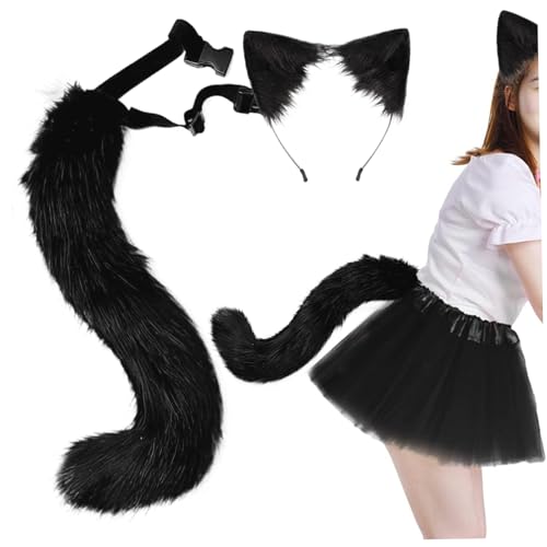 Lawnrden Katzenohren und Wolfsfuchs tierische Schwanz, Faux -Pelzhaar -Clip -Kopfschmuck für Cosplay -Party, Maskerade (schwarz) von Lawnrden