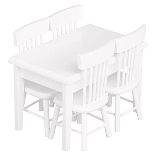 Miniatur Dining White Tisch Stuhl Puppenhaus Stilvoller Mini Tragbares Holzmöbel Set für Mädchen 5pcs, Mini Esstischstuhl von Lawnrden