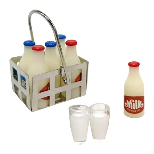 Lawnrden Miniatur Milchflasche Korb Set Milchflaschen Milchbecher Dollhouse Lebensmittelzubehör 9PCS Style1, Puppenhaus Milchflasche Korb von Lawnrden